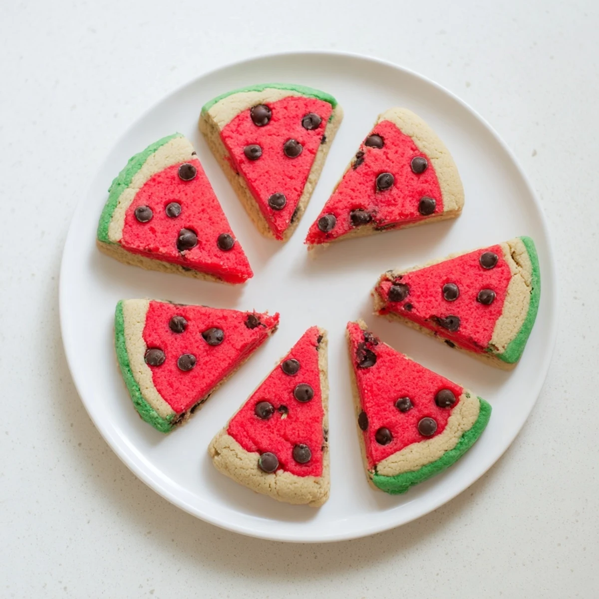 Colorful watermelon slice cookies stacked high showing their fruit-inspired layers and chocolate seed detailing on a rustic wooden board