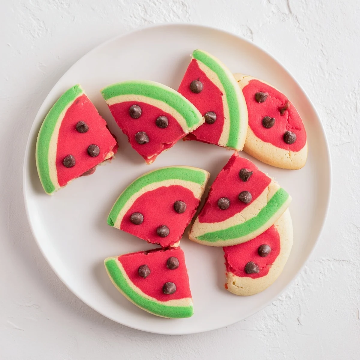 Freshly baked watermelon slice cookies with red centers, green rinds, and mini chocolate chip seeds arranged on a white serving platter