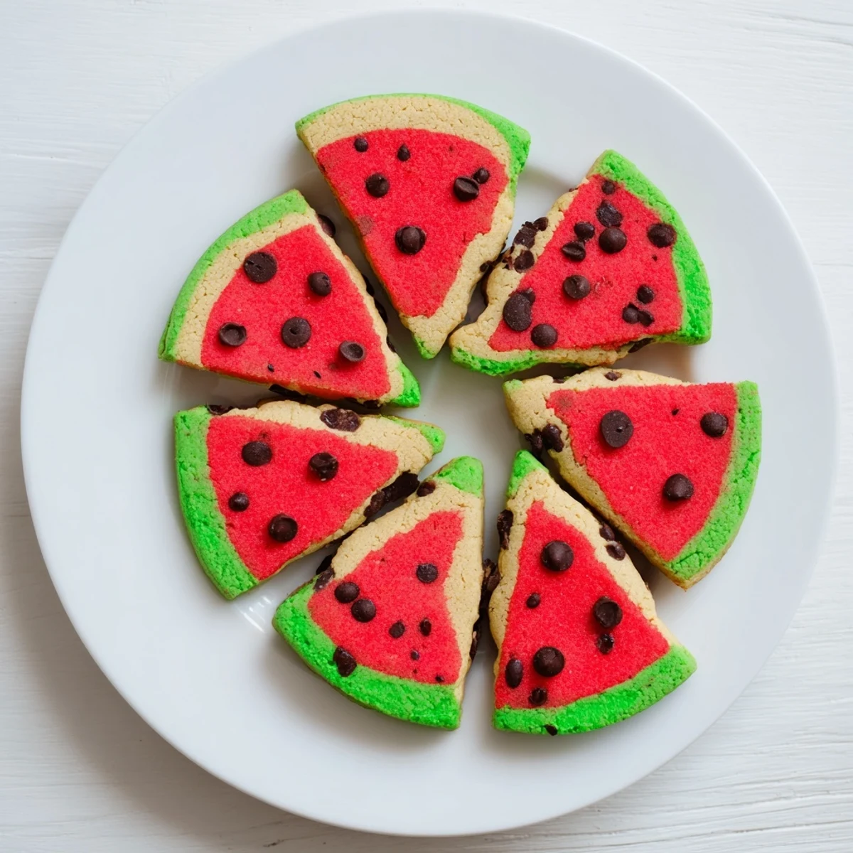 Close-up of summer-themed watermelon slice cookies with vibrant red and green dough studded with dark chocolate chips for a realistic fruit look