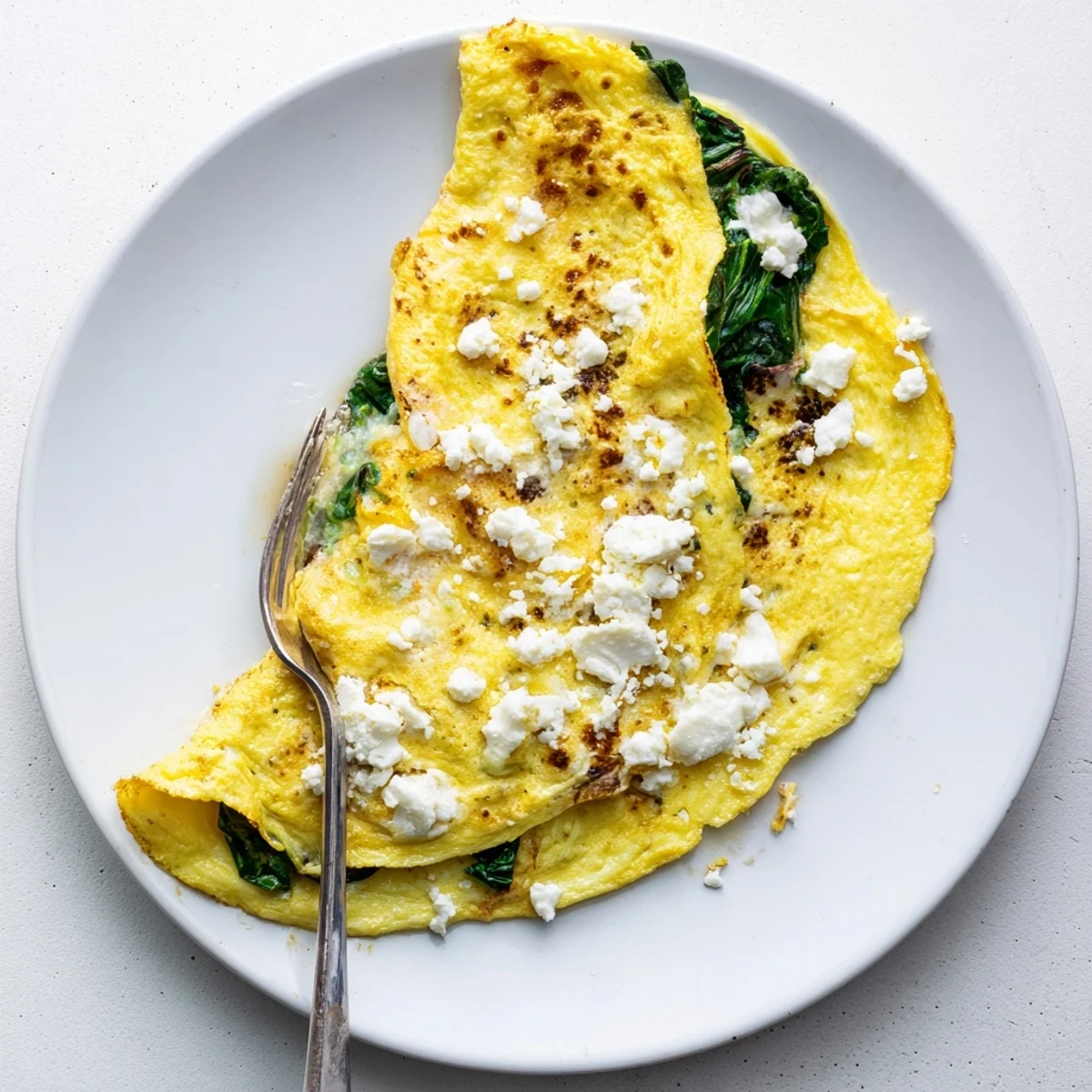 Fluffy spinach feta omelet recipe served on white plate with fresh herbs