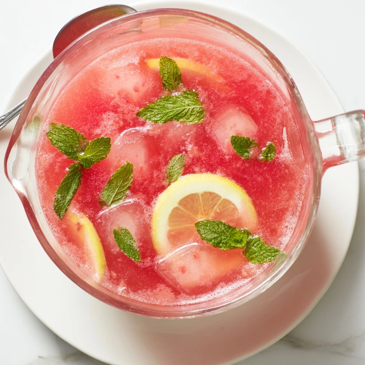 Glossy pink watermelon lemonade pitcher garnished with fresh mint sprigs and lemon slices on ice