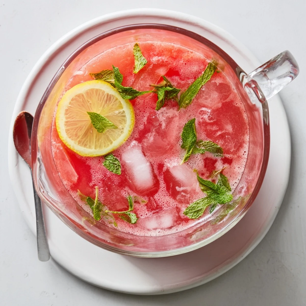 Tall glass of refreshing watermelon lemonade with vibrant pink hue and floating watermelon chunks
