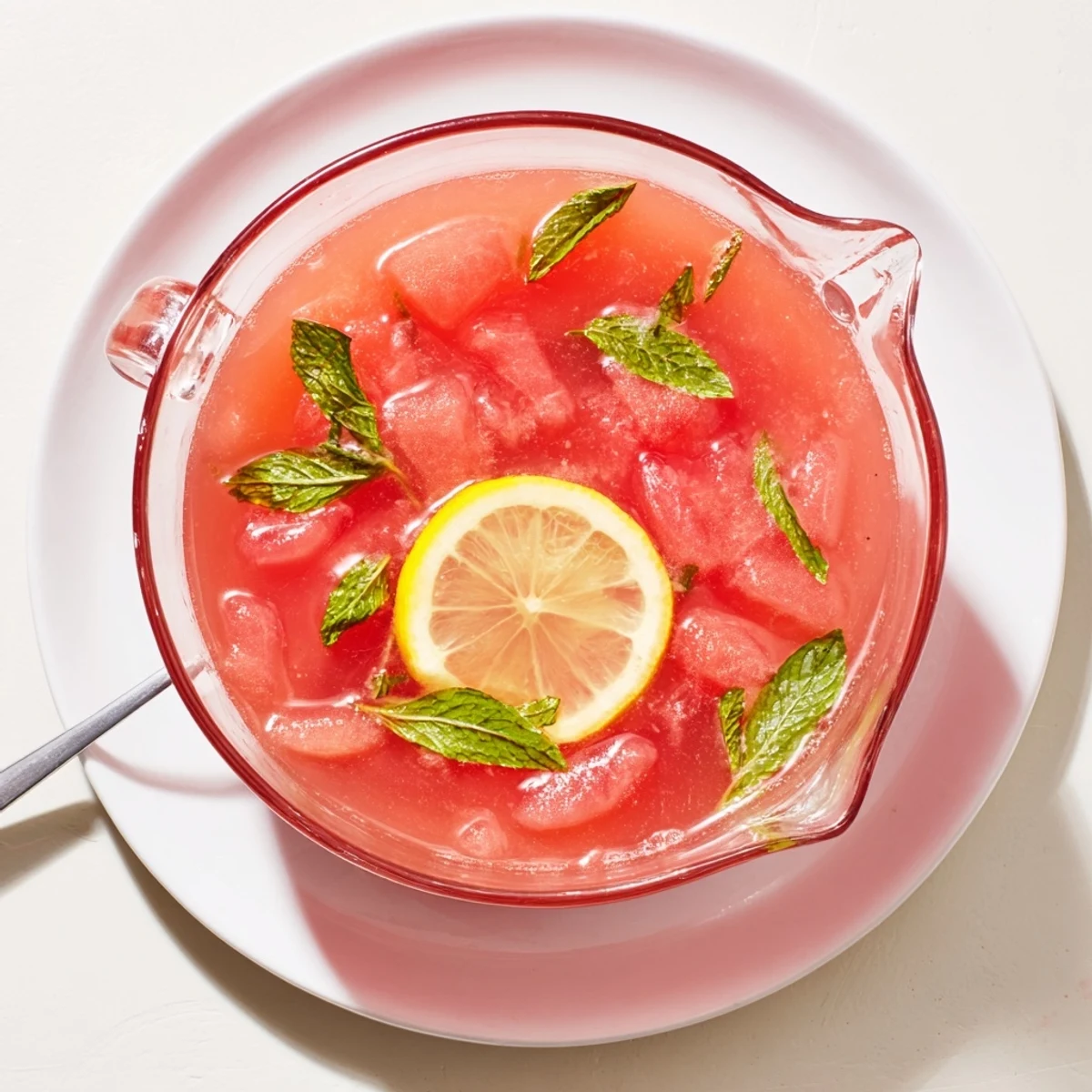 Summer watermelon lemonade in mason jar with mint garnish, ice cubes, and citrus wheel