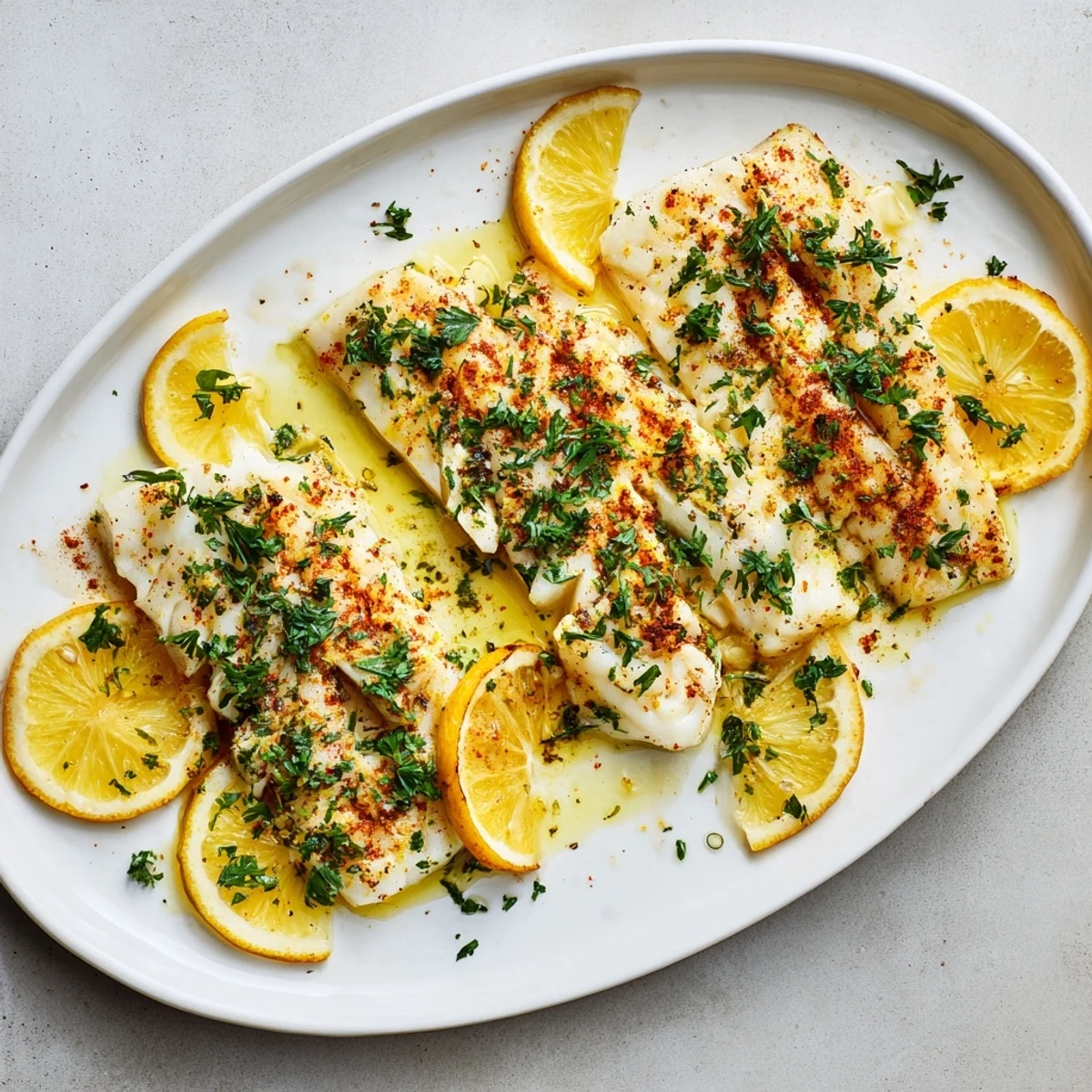Golden baked cod fillets topped with fresh parsley and lemon slices on a white baking dish