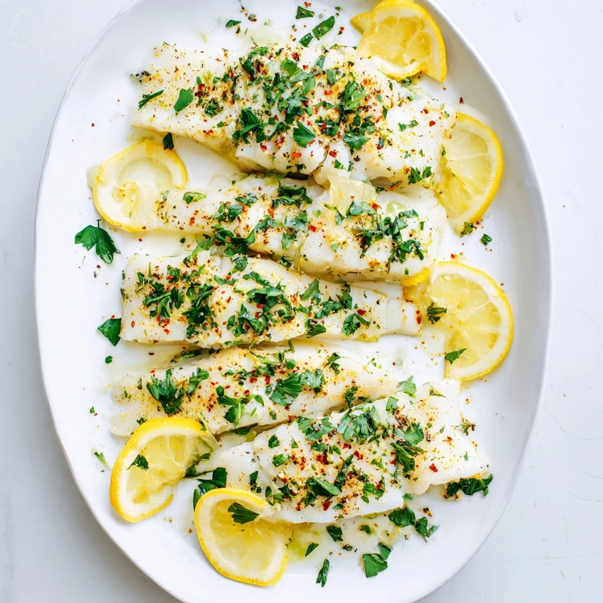 Tender baked cod with garlic and lemon marinade flaking apart on a dinner plate