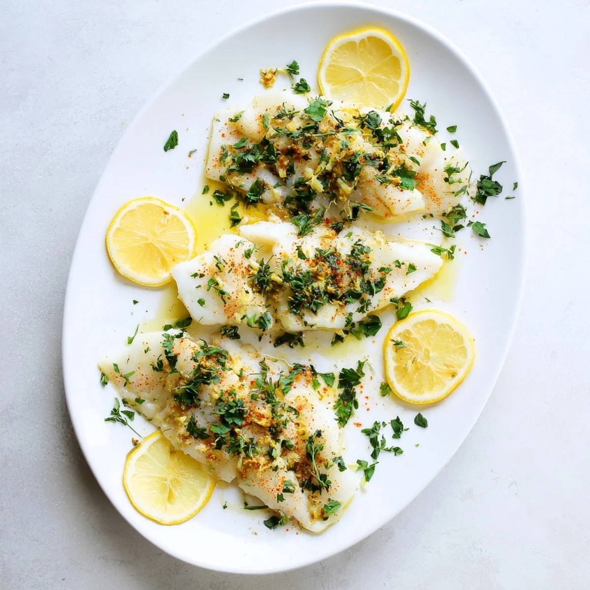 Garnished baked cod featuring thyme, smoked paprika, and lemon rounds ready for serving