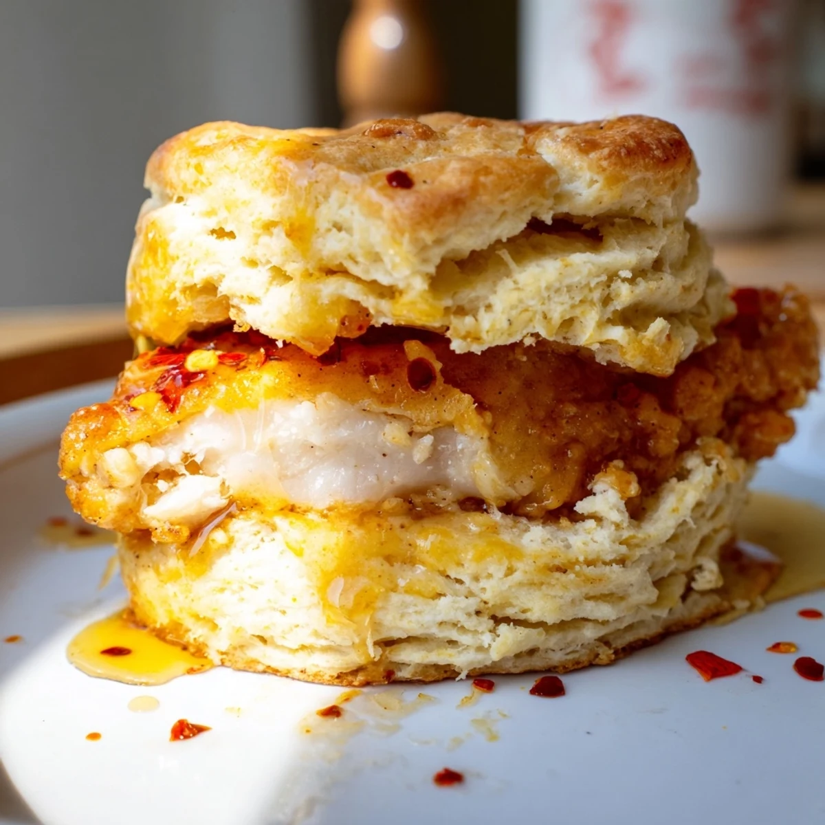Southern-style hot honey chicken biscuits sandwich showcasing golden brown fried chicken thighs between split buttermilk biscuits brushed with warm honey pepper sauce