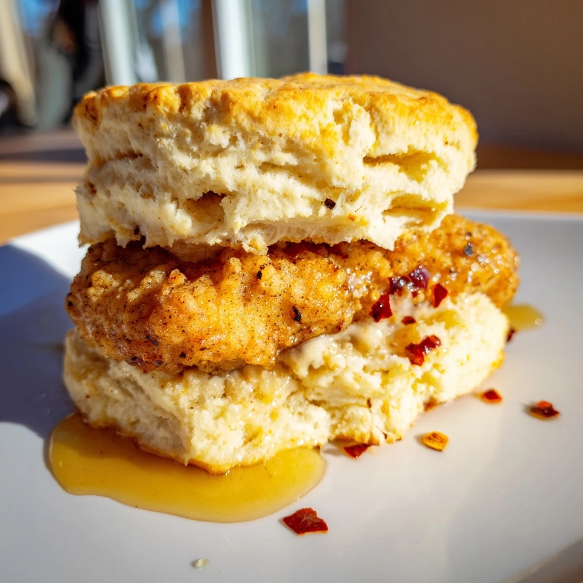 Golden hot honey chicken biscuits featuring crispy fried chicken stacked on fluffy butterm biscuits with spicy honey glaze dripping down the sides
