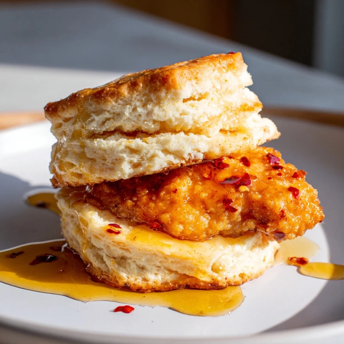 Homemade hot honey chicken biscuits plated on a rustic wooden board with glossy red honey coating the crispy fried chicken and pillowy biscuit layers