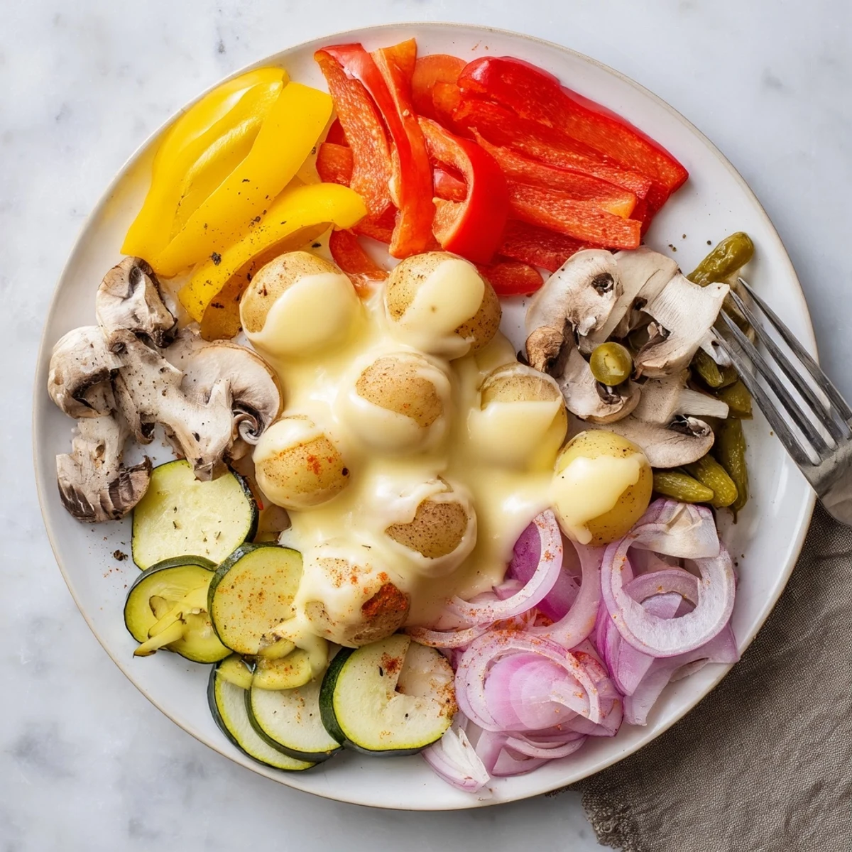 Festive raclette dinner spread with melted cheese, cornichons, pickled onions, and colorful peppers arranged for interactive dining