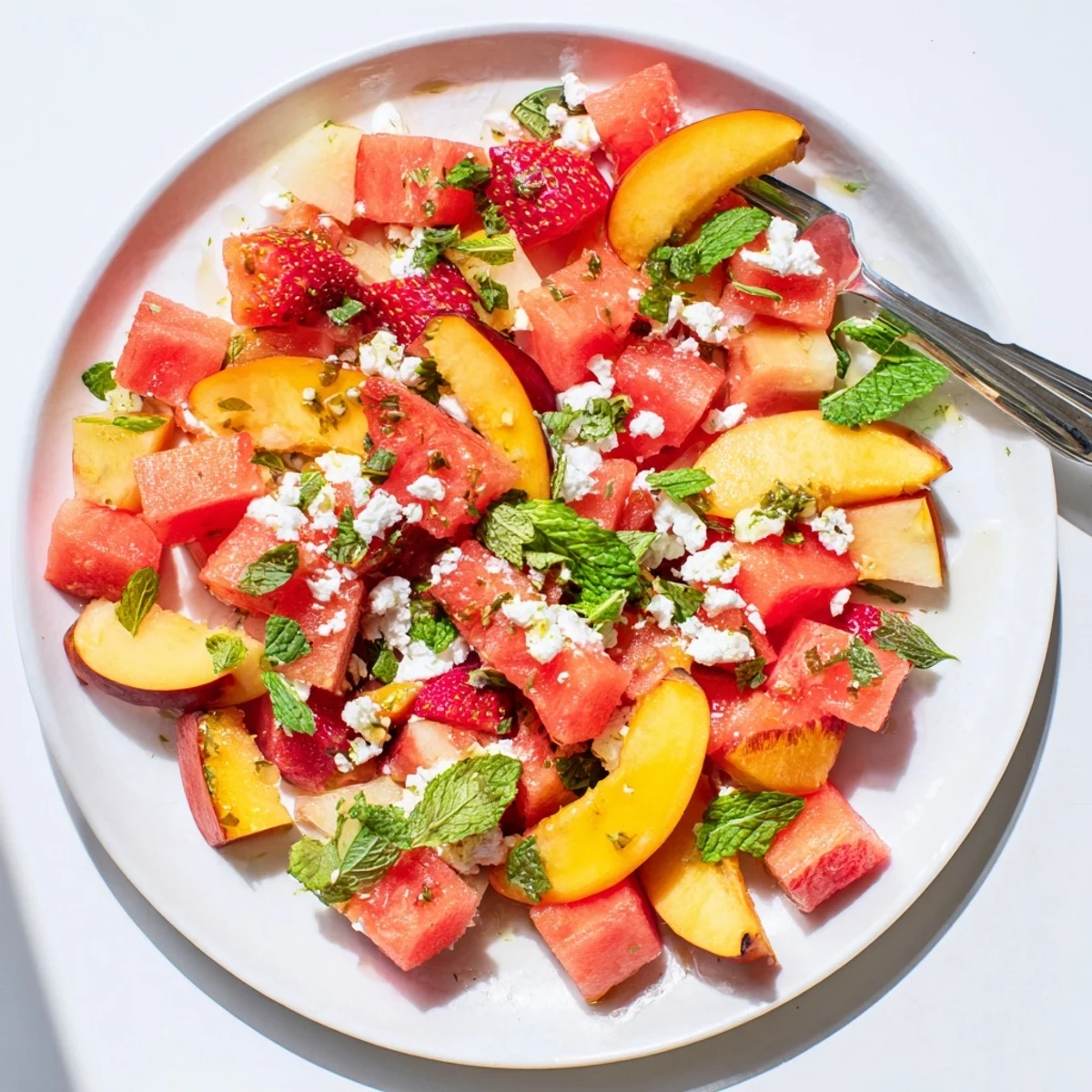Vibrant bowl of summer peach watermelon salad topped with crumbled feta and fresh mint