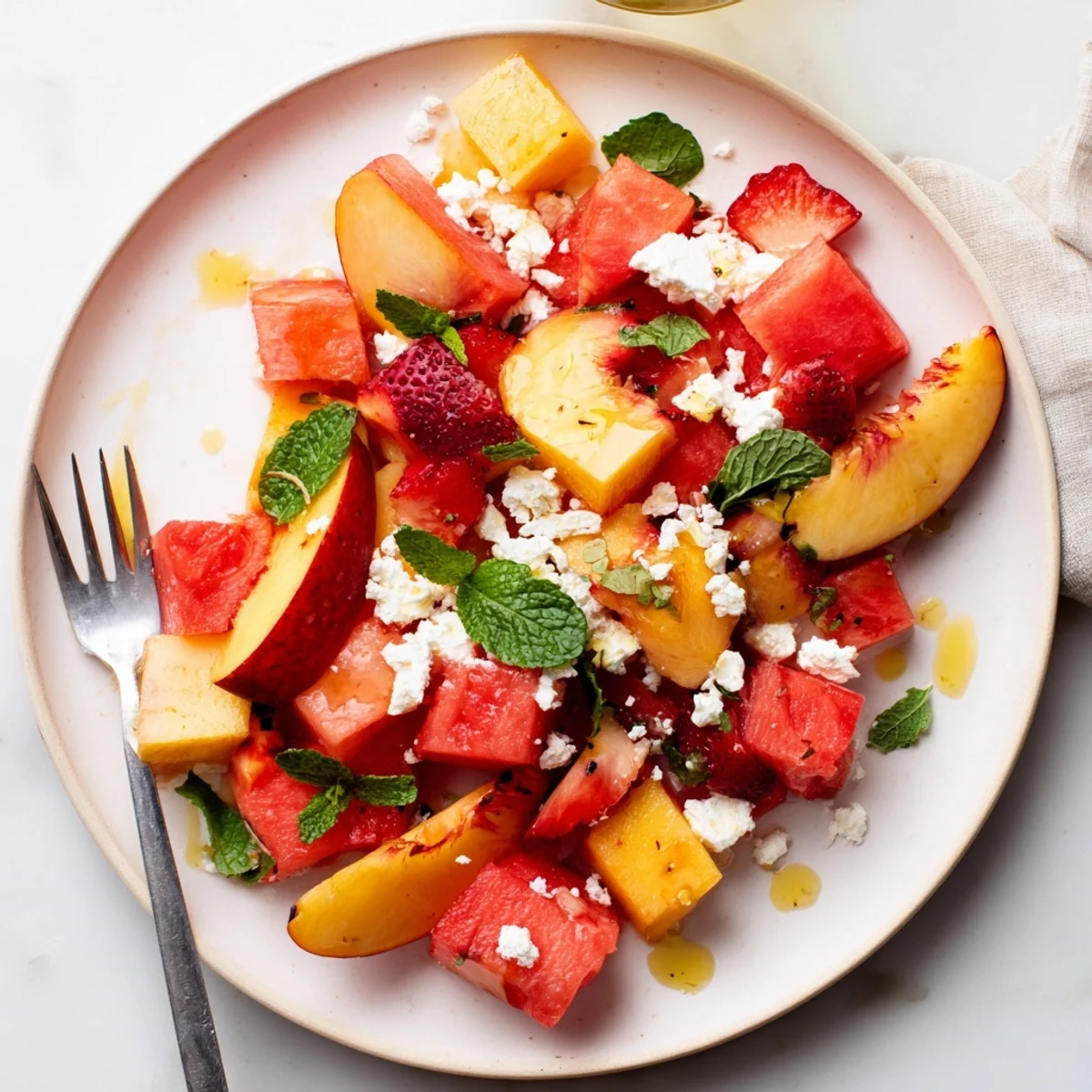 Colorful summer peach watermelon salad with juicy fruit cubes and zesty lime dressing on serving platter
