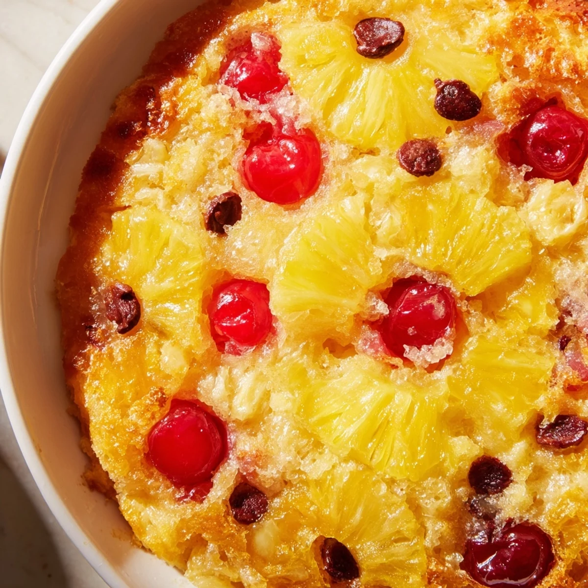 Golden banana split dump cake with melted butter over yellow cake mix and fruit layers