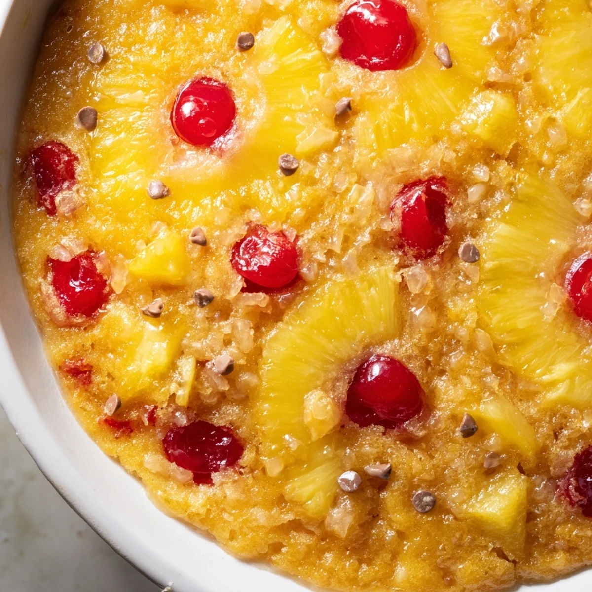 Baked banana split dump cake topped with whipped cream chocolate syrup and maraschino cherries