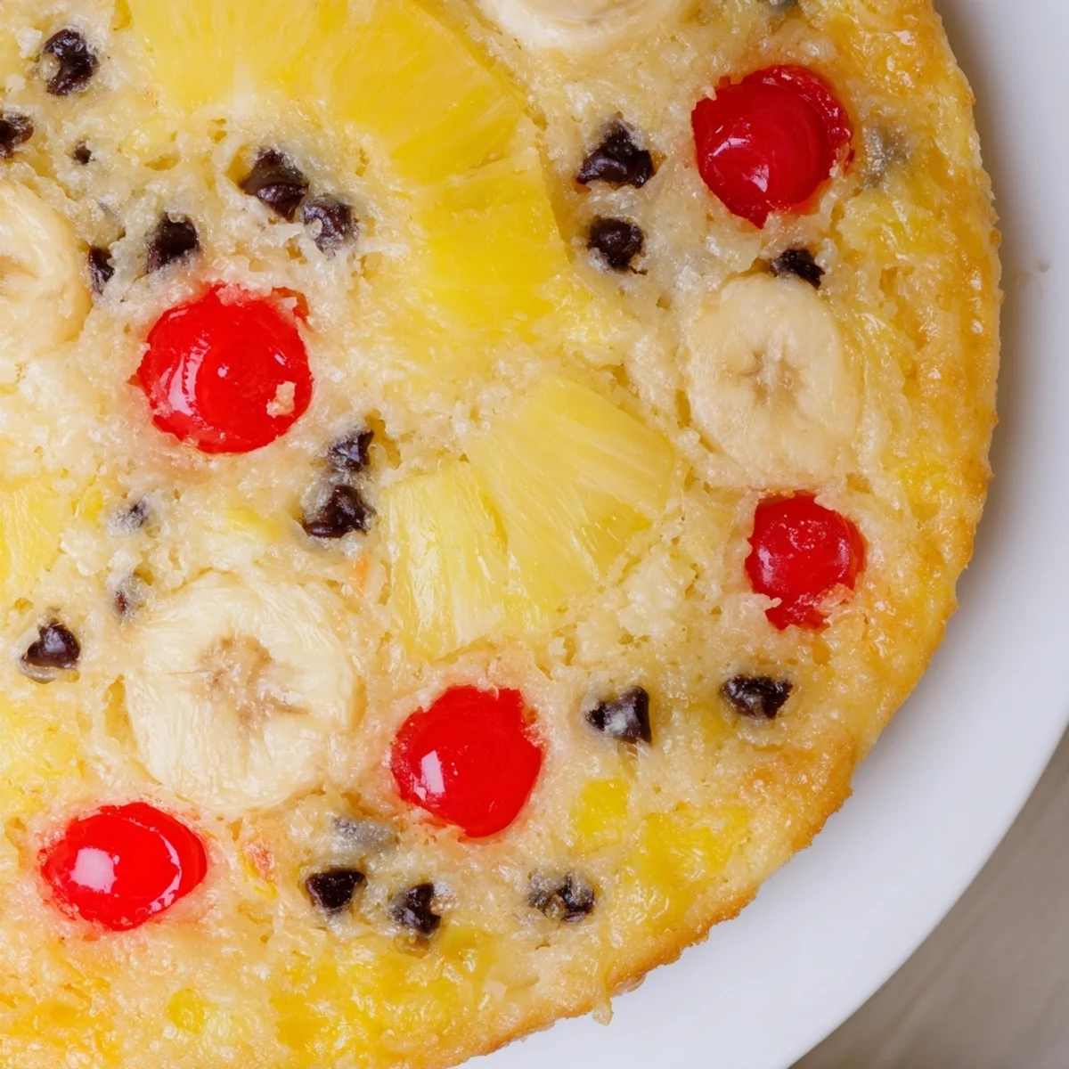 Gooey banana split dump cake featuring pineapple bananas and chocolate chips in a baking dish