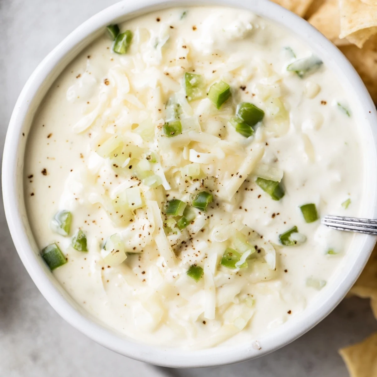Creamy white queso dip bubbling in a serving bowl with tortilla chips arranged for dipping on a wooden board