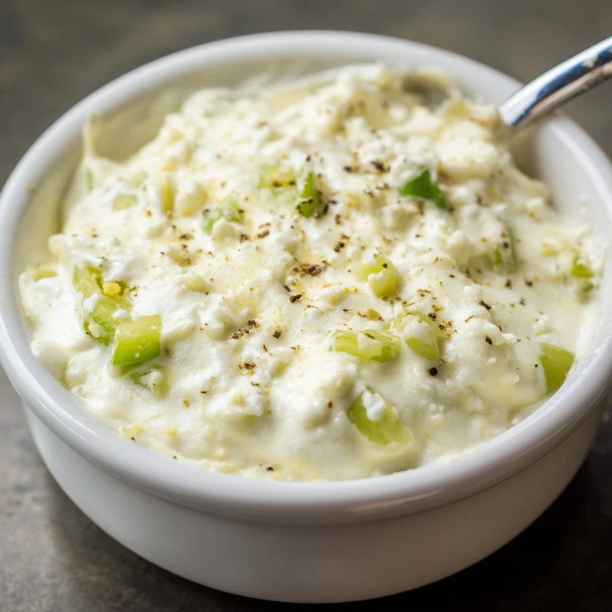 Steaming hot white queso dip garnished with fresh diced jalapeños and served alongside crispy tortilla chips for party guests