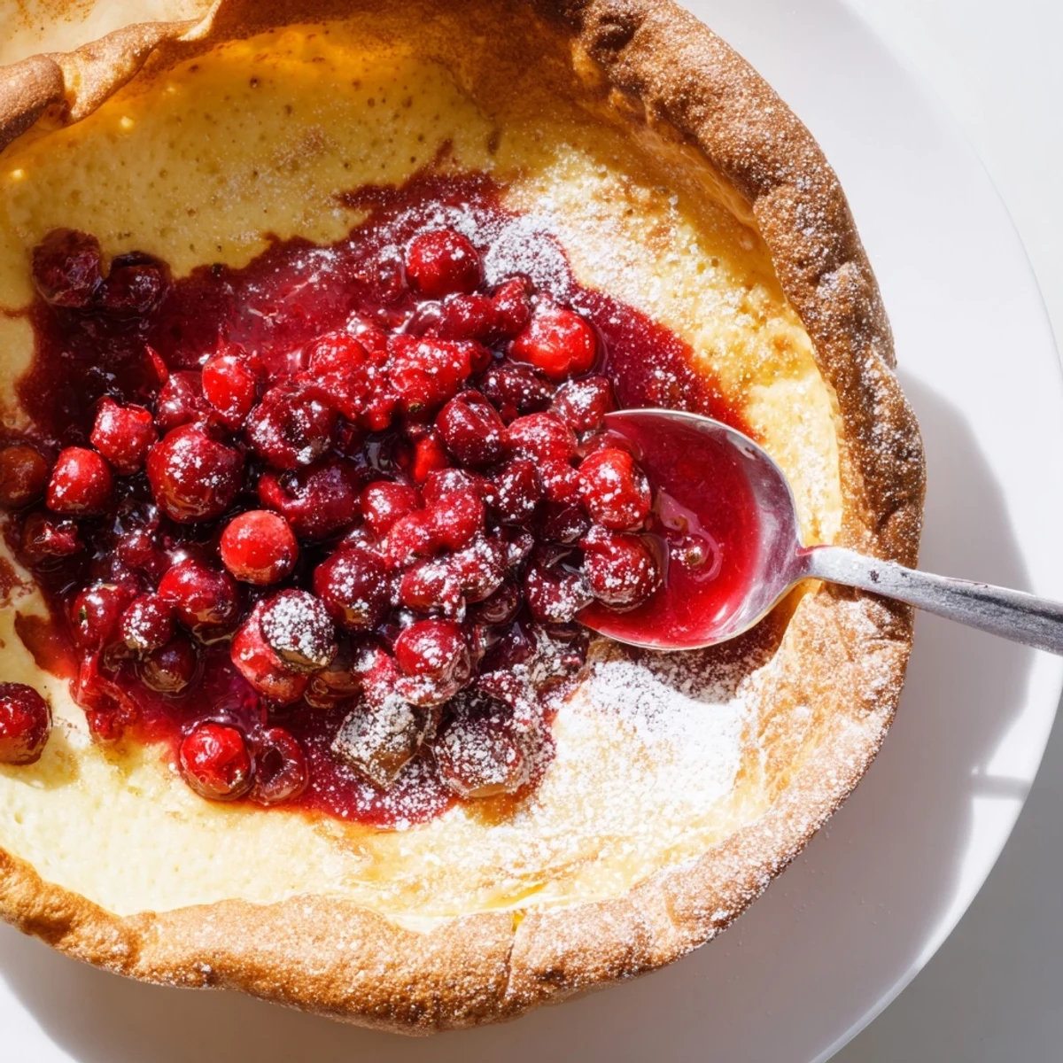 Golden puffed Dutch baby pancake topped with vibrant red cranberry compote and powdered sugar
