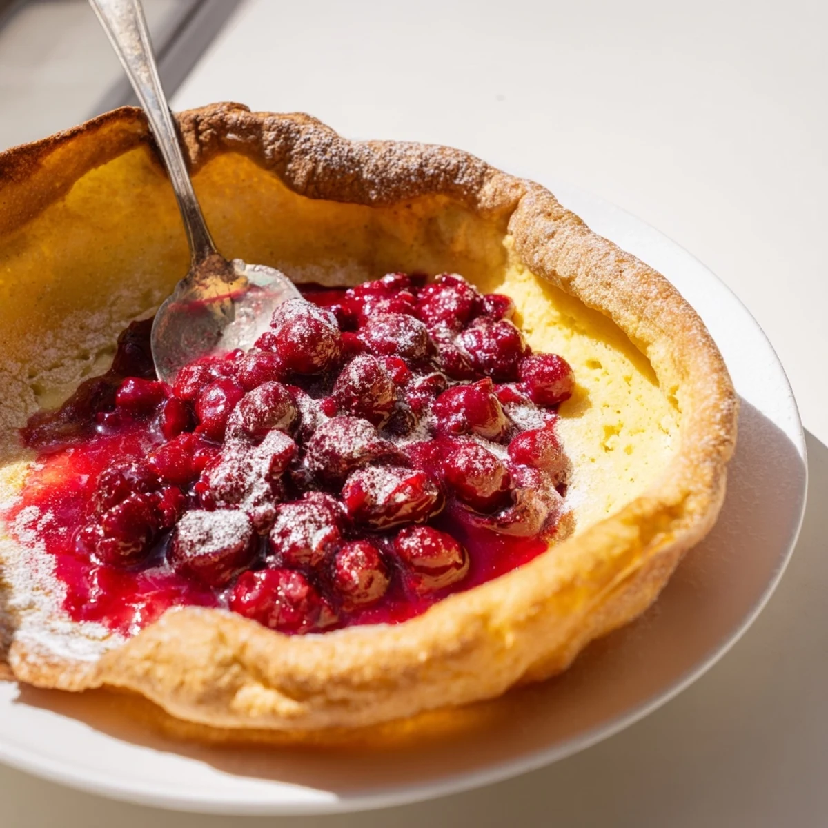 Fluffy oven-baked Dutch baby with cranberry compote served warm for a delicious brunch
