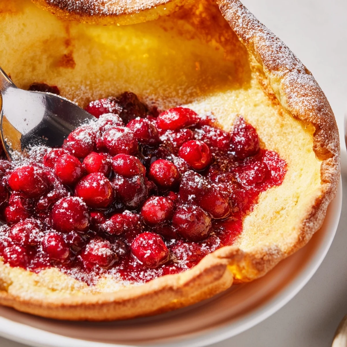 Rustic cast iron skillet Dutch baby drizzled with tangy cranberry sauce and dusted sugar