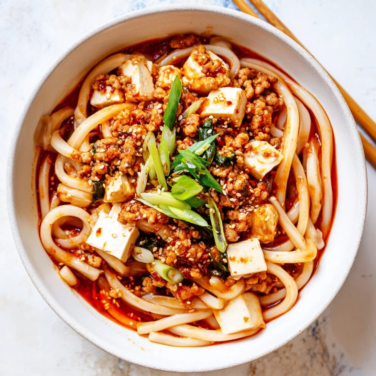 Steaming bowl of mapo tofu udon featuring thick chewy noodles coated in spicy red sauce with soft tofu cubes