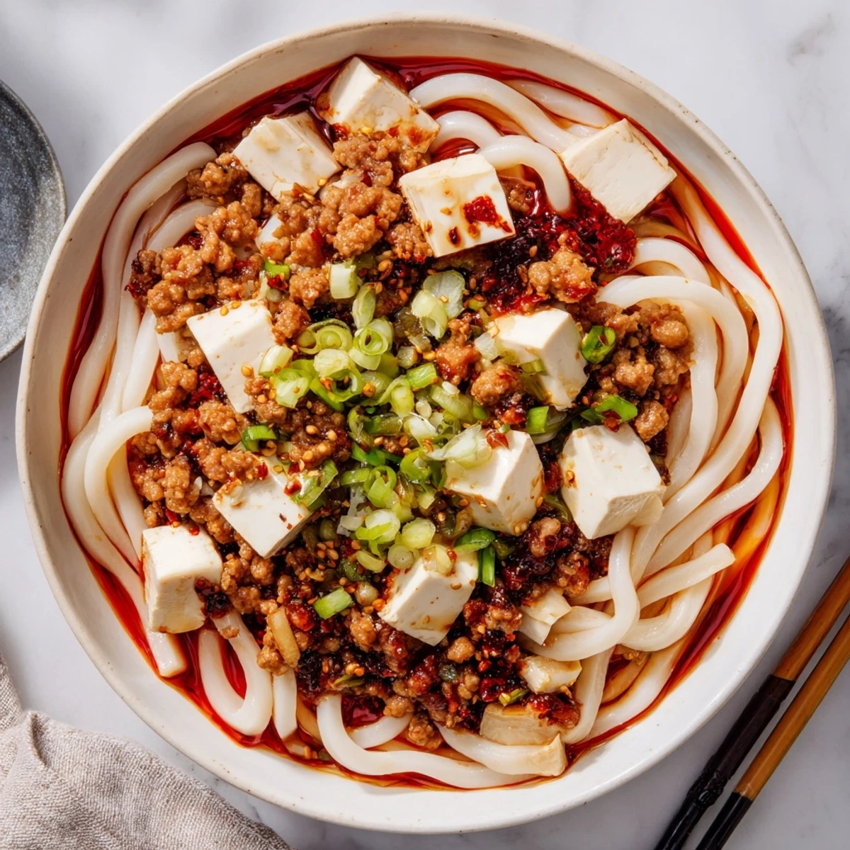 Rich mapo tofu udon plated with garnish of green onions and sesame seeds over glossy udon noodles