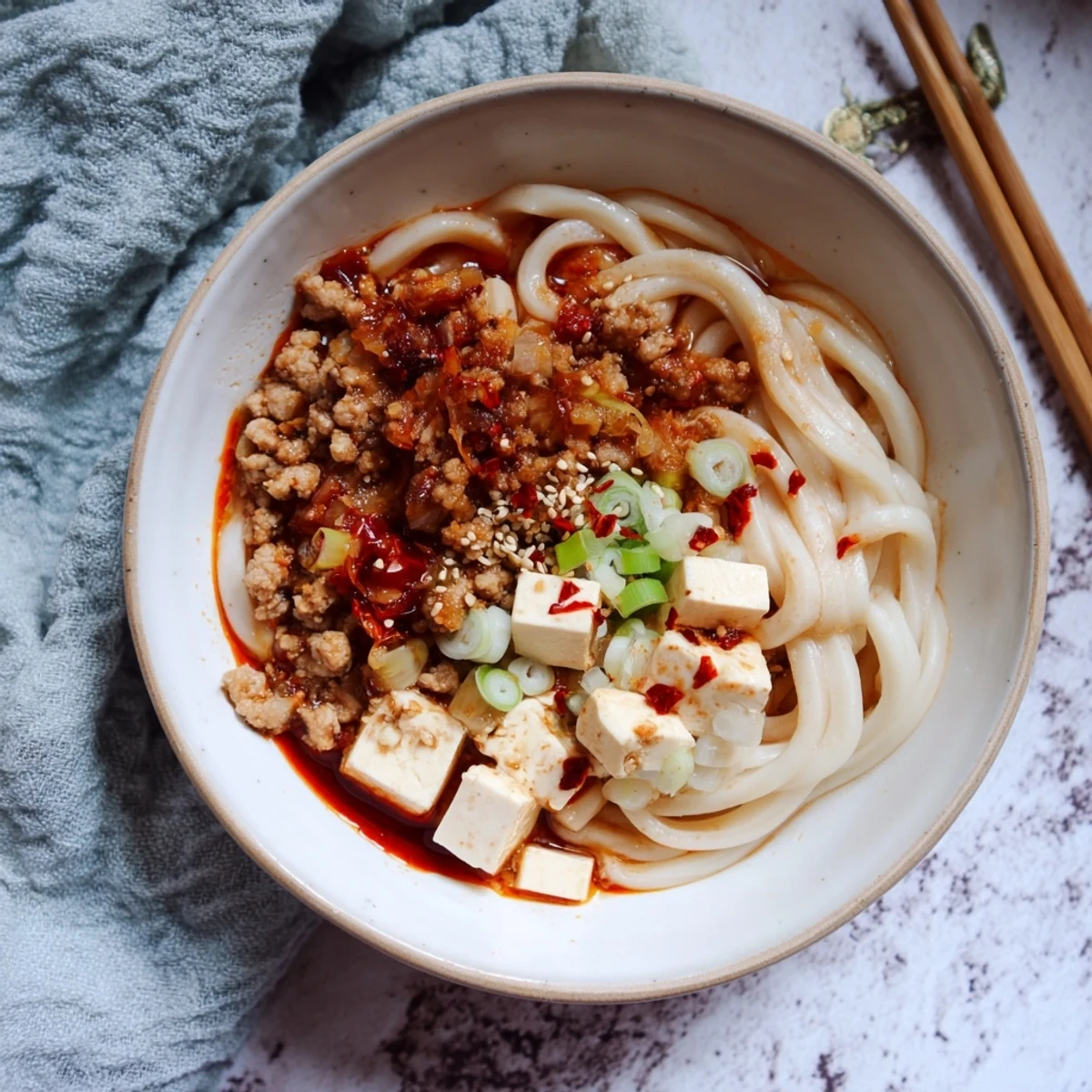 Japanese udon noodles topped with savory Sichuan mapo tofu in thick red chili sauce with white tofu pieces