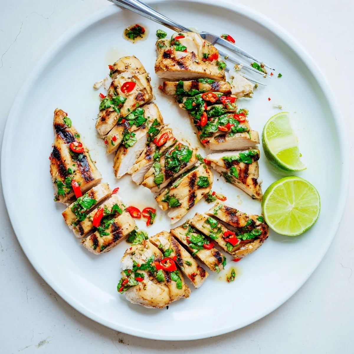 Golden grilled chili lime chicken breast garnished with fresh cilantro and lime wedges on a white plate