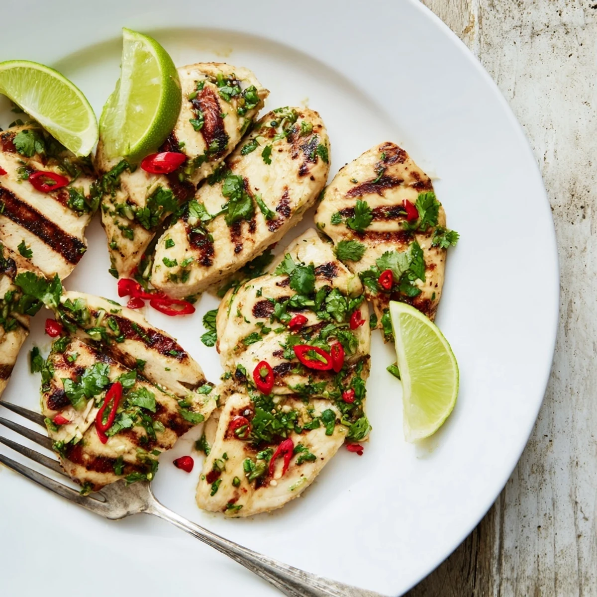 Zesty chili lime chicken resting on a cutting board with grilled vegetables and rice on the side