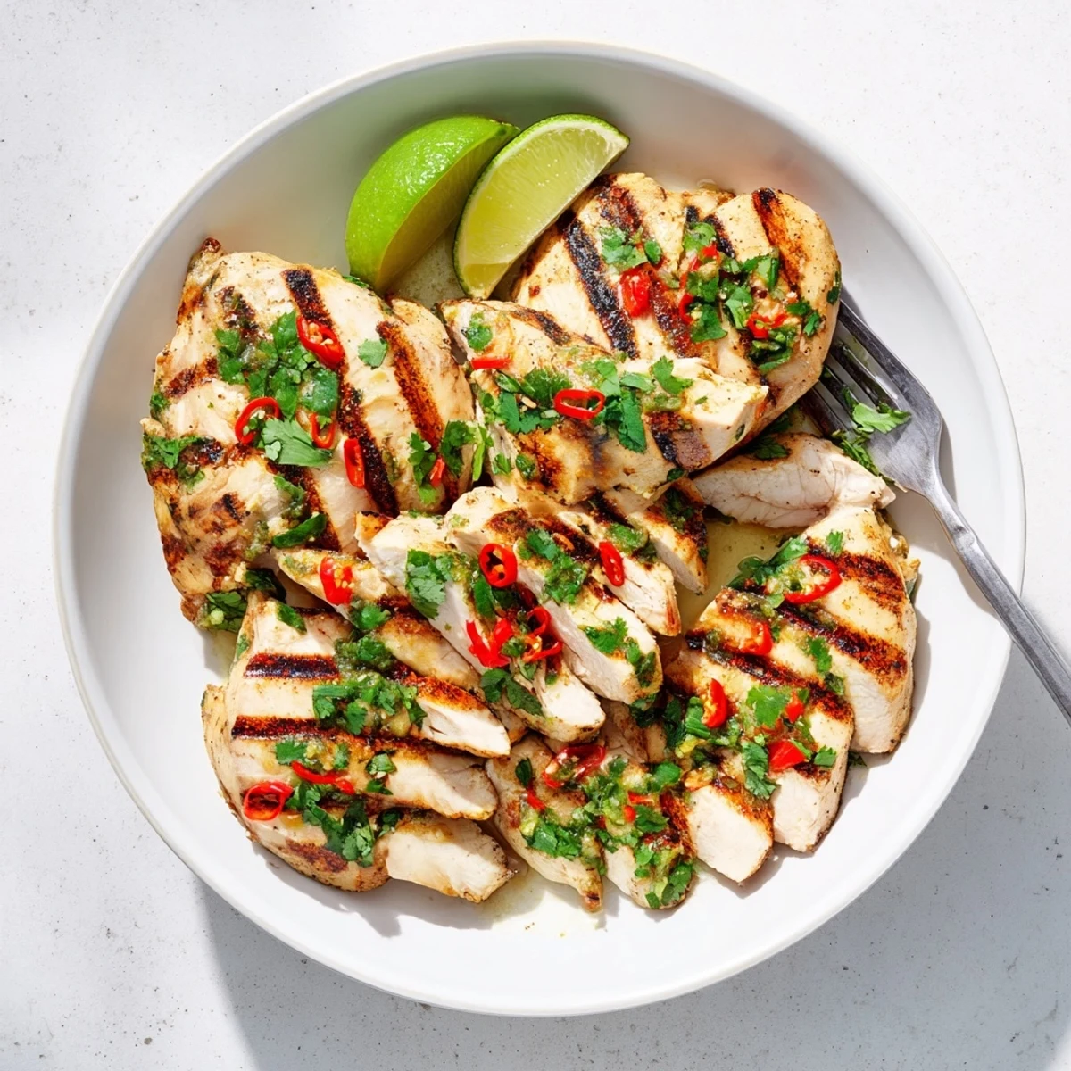 Juicy Mexican-inspired chili lime chicken sliced to reveal tender interior with charred grill marks
