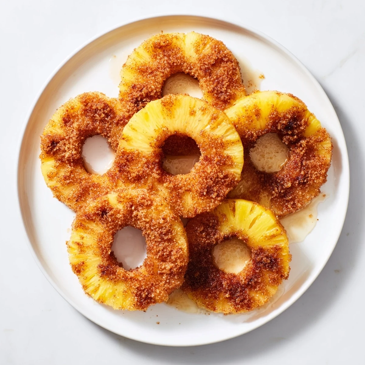 Warm caramelized pineapple wedges from air fryer sprinkled with cinnamon and vanilla