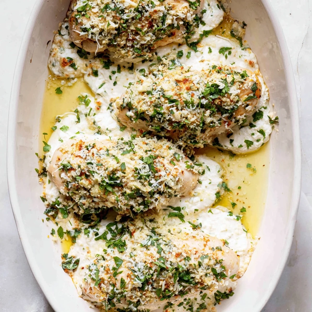 Golden brown baked ricotta chicken with bubbling cheese topping garnished with fresh parsley
