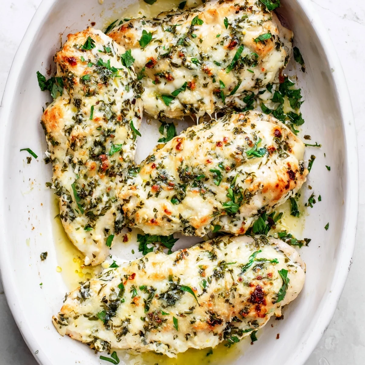 Creamy baked ricotta chicken breasts topped with melted mozzarella and Parmesan herbs