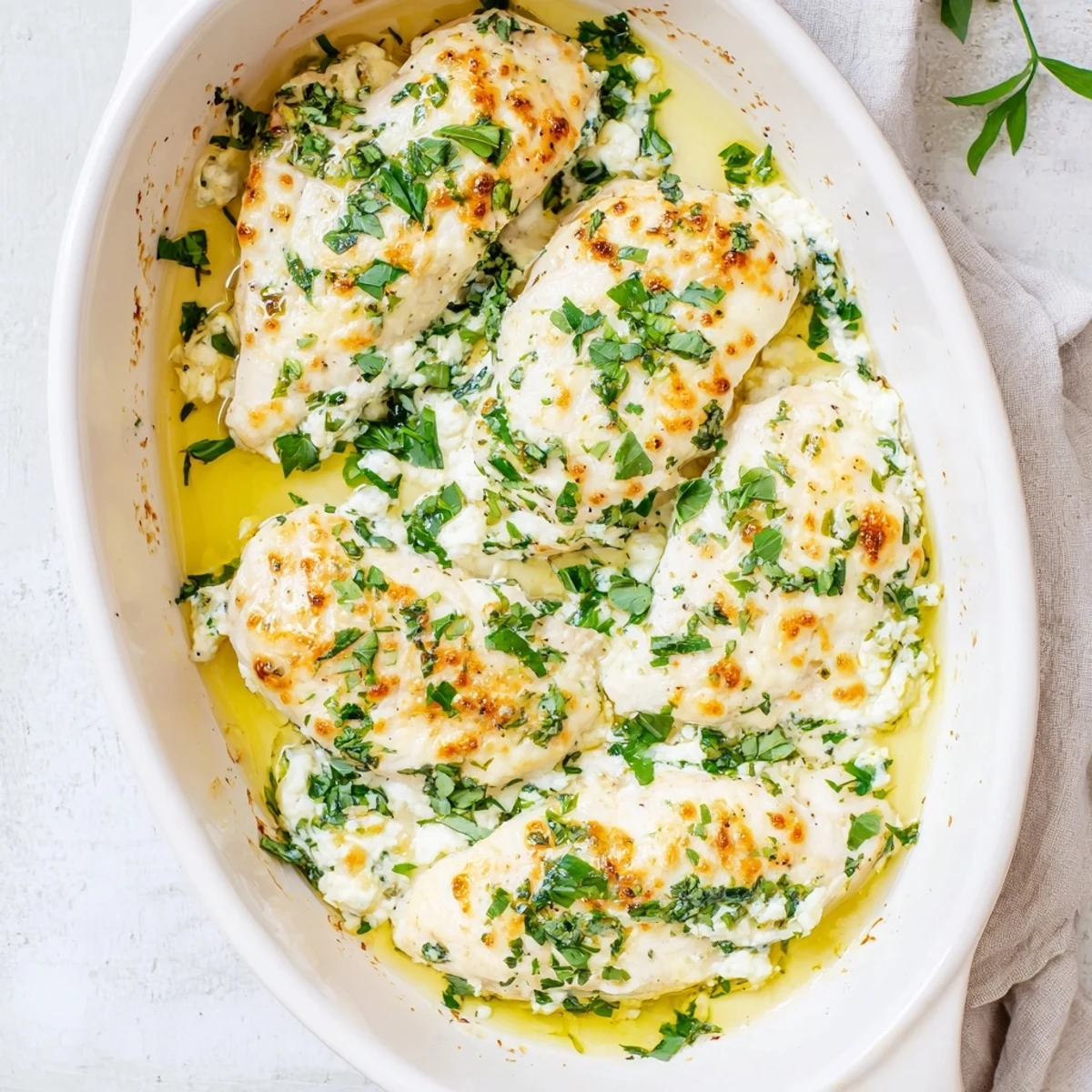 Oven-baked chicken fillets smothered in rich ricotta cheese mixture with fresh basil