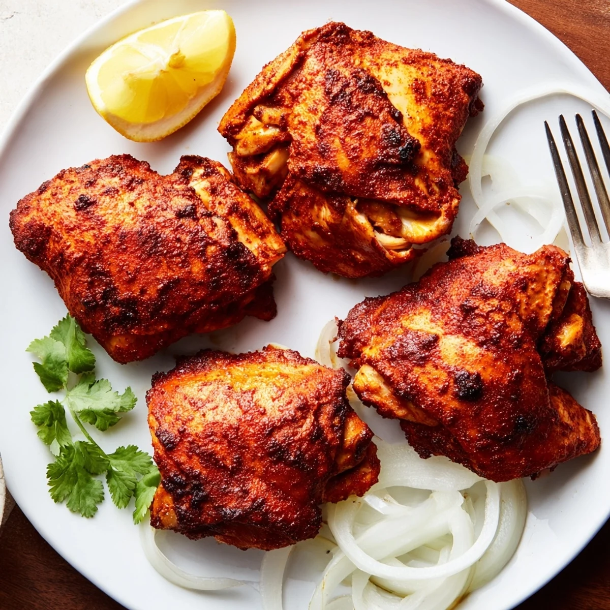 Golden-red tandoori chicken thighs roasted to perfection, served alongside sliced onions and herbs