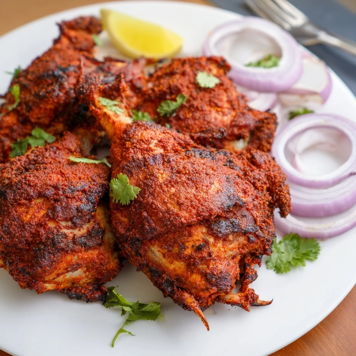 Succulent tandoori chicken with charred edges, garnished with fresh cilantro and lemon wedges