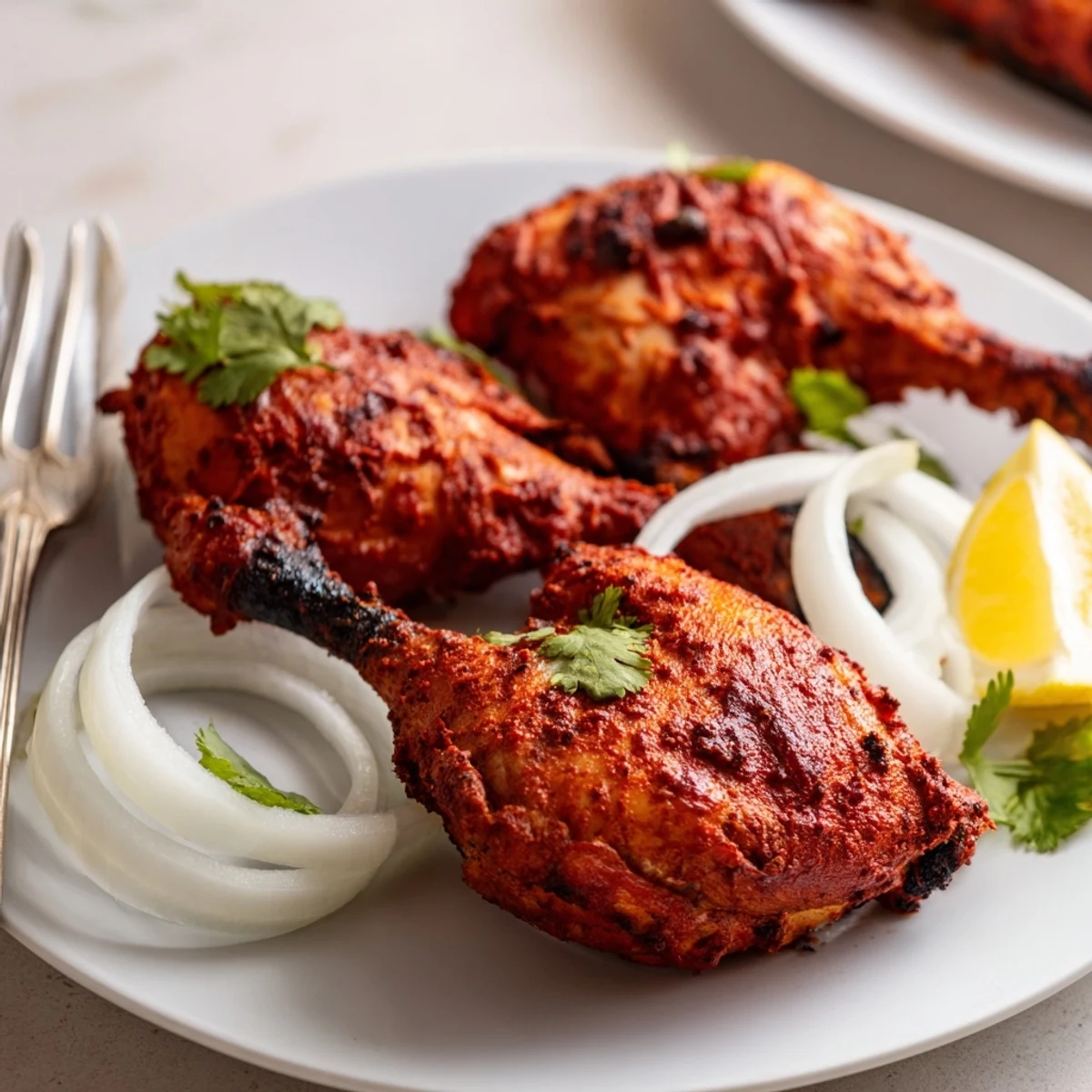 Marinated tandoori chicken pieces with smoky grill marks, plated with zesty lemon and cilantro