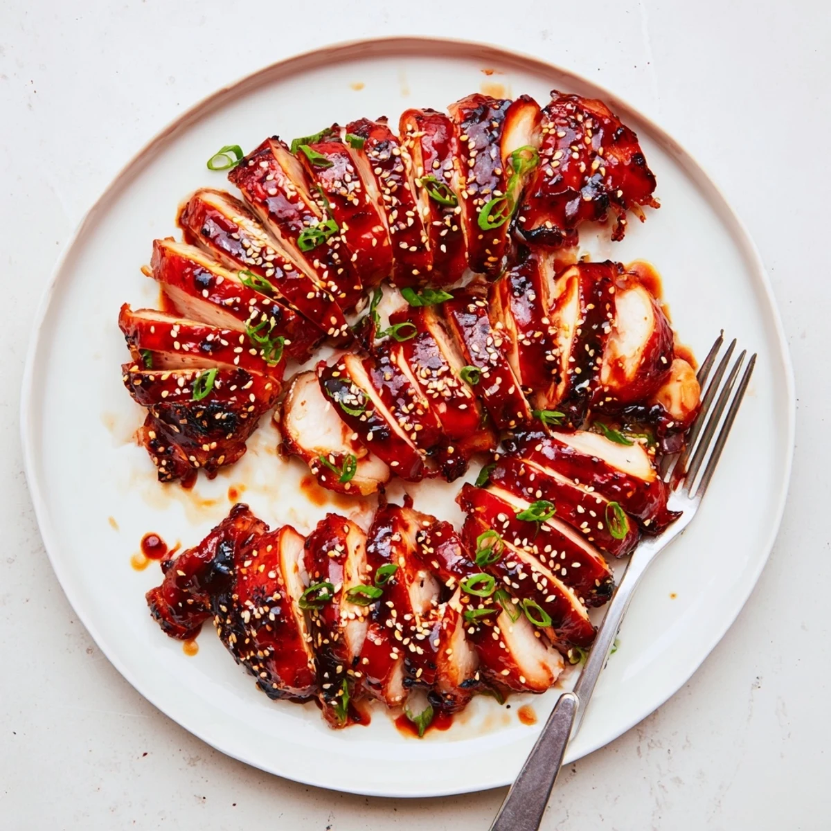 Glossy Authentic Char Siu Chicken pieces with caramelized edges on a white serving plate