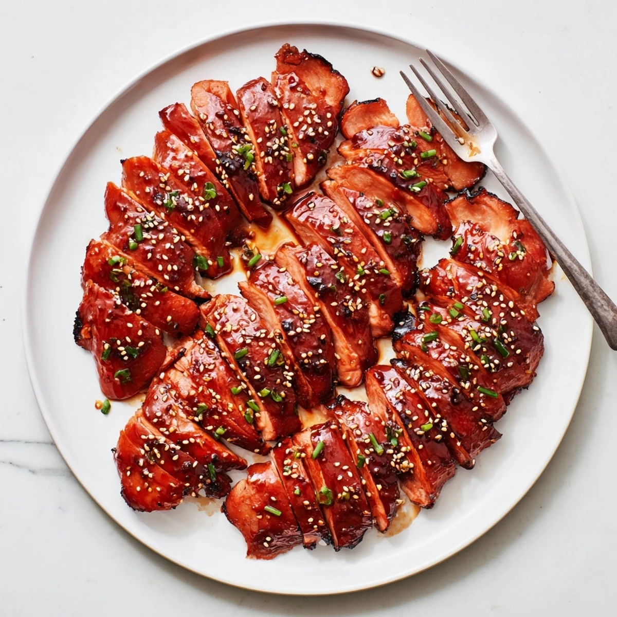 Sliced Cantonese-style chicken thighs coated in sticky sweet glaze, garnished with sesame seeds