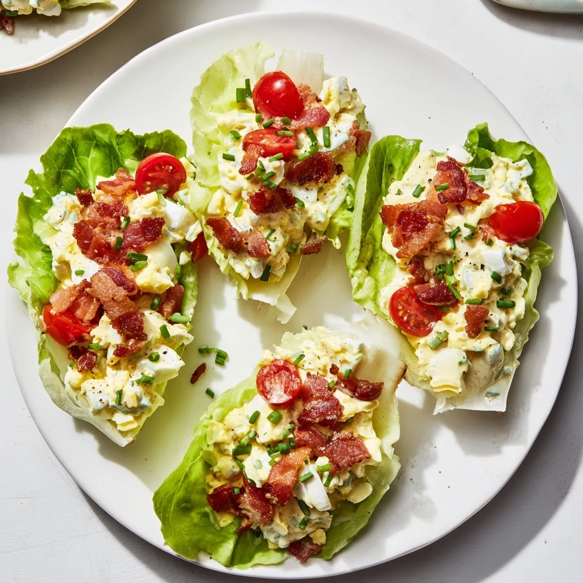 BLT Egg Salad Lettuce Wraps with creamy yolk, crispy bacon, bright tomatoes