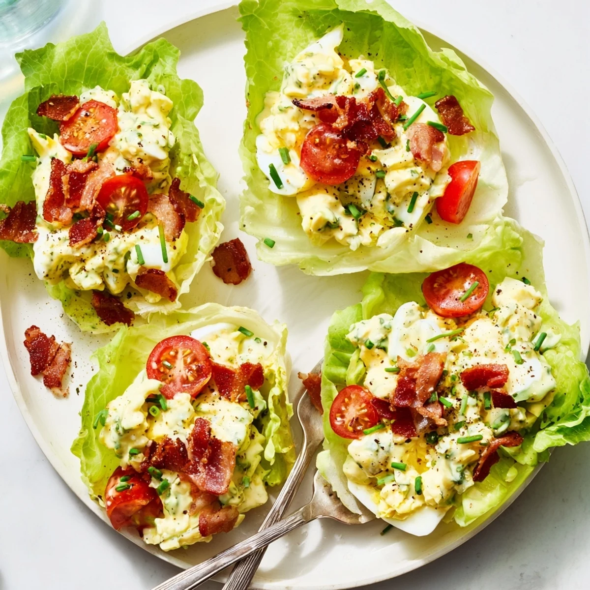 Light BLT Egg Salad Lettuce Wraps served immediately, ideal with iced tea