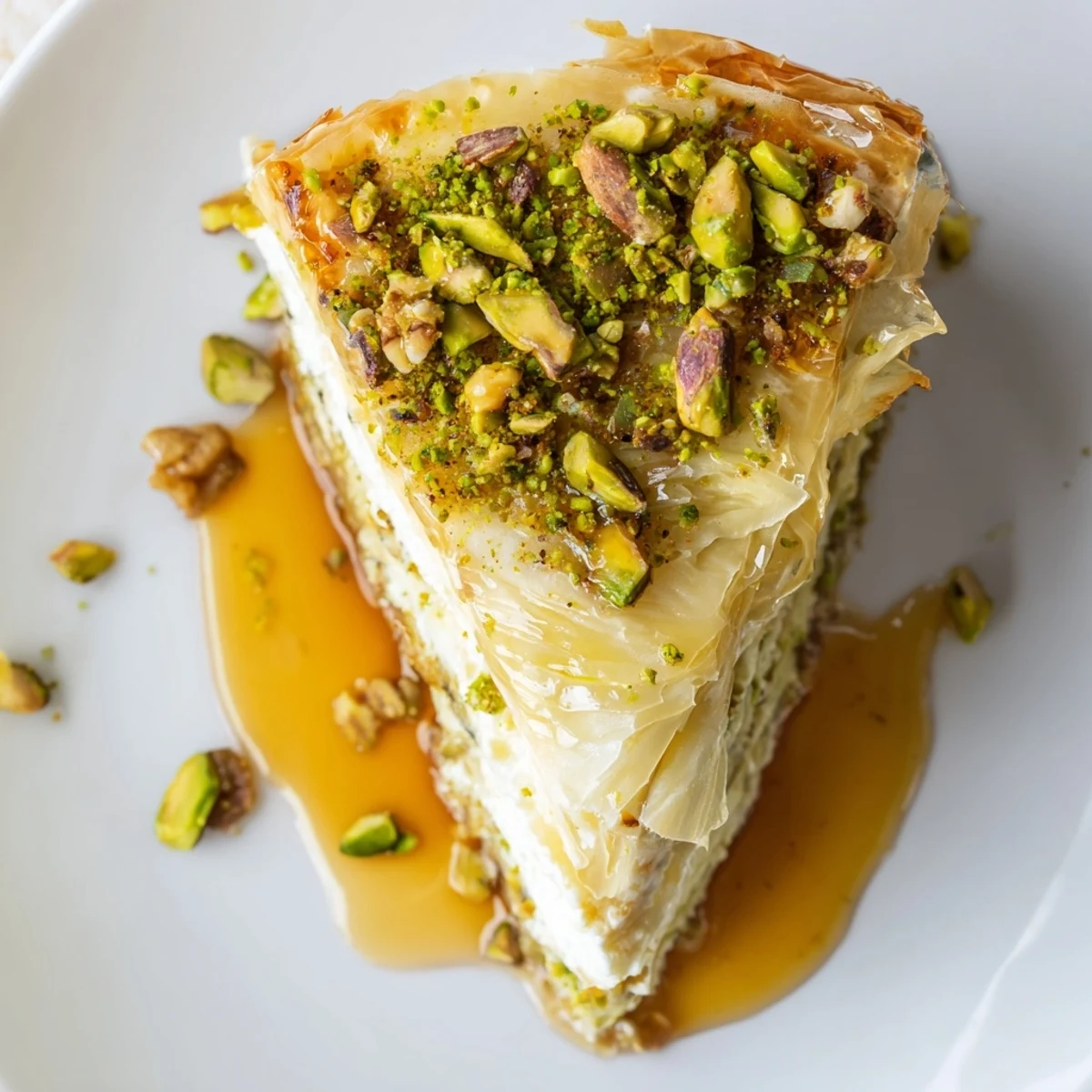 Pistachio Baklava Cheesecake with golden syrup glaze, crunchy phyllo crust, creamy center