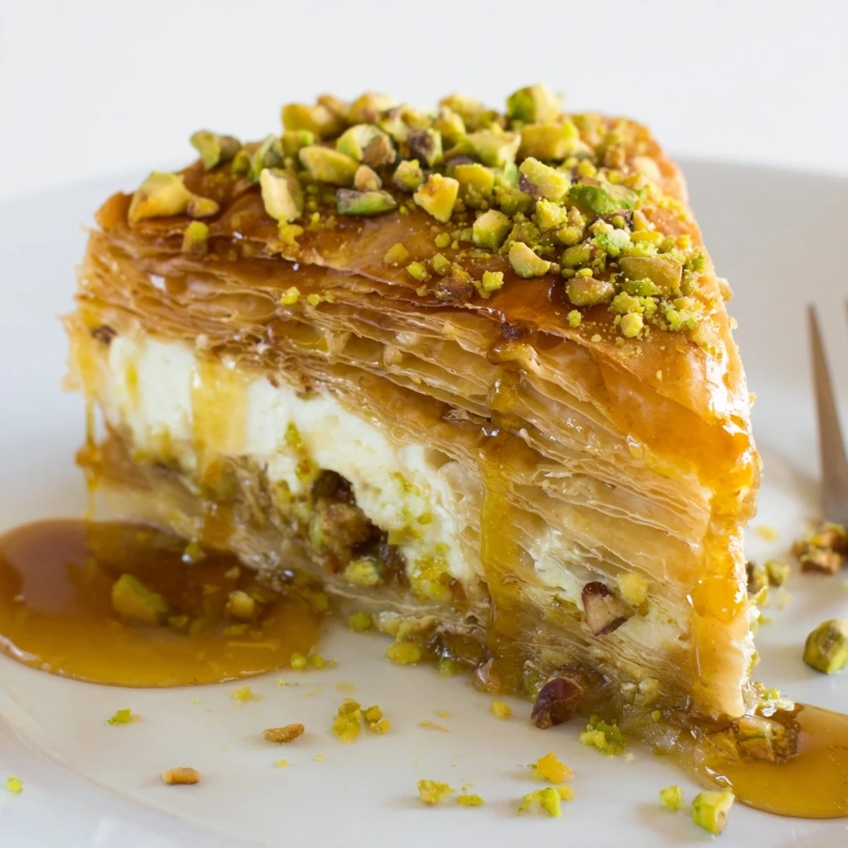 Chilled Pistachio Baklava Cheesecake served with espresso, flaky layers and nutty aroma