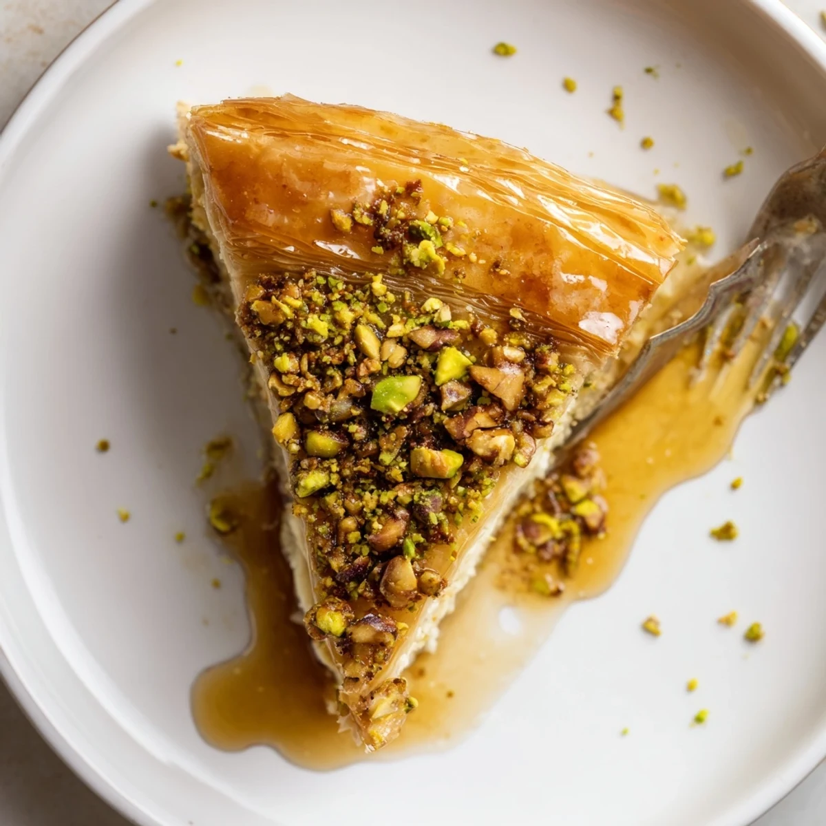 Slice of Pistachio Baklava Cheesecake on plate, honey drizzle, chopped pistachios sprinkled