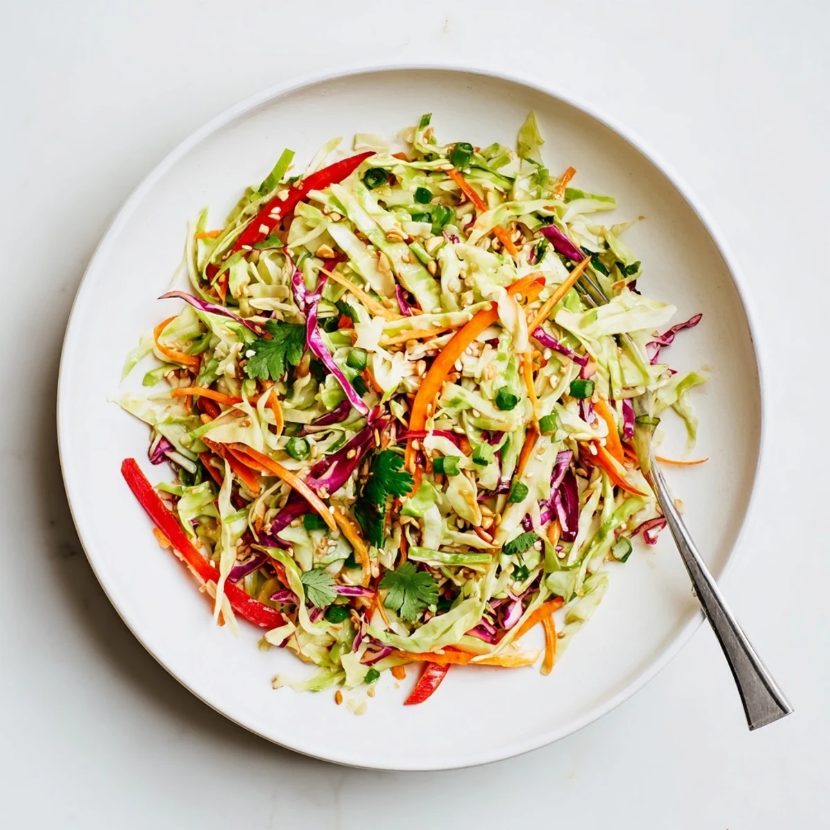 Bright Asian Cabbage Salad with shredded carrots, cilantro, crunchy toasted sesame seeds