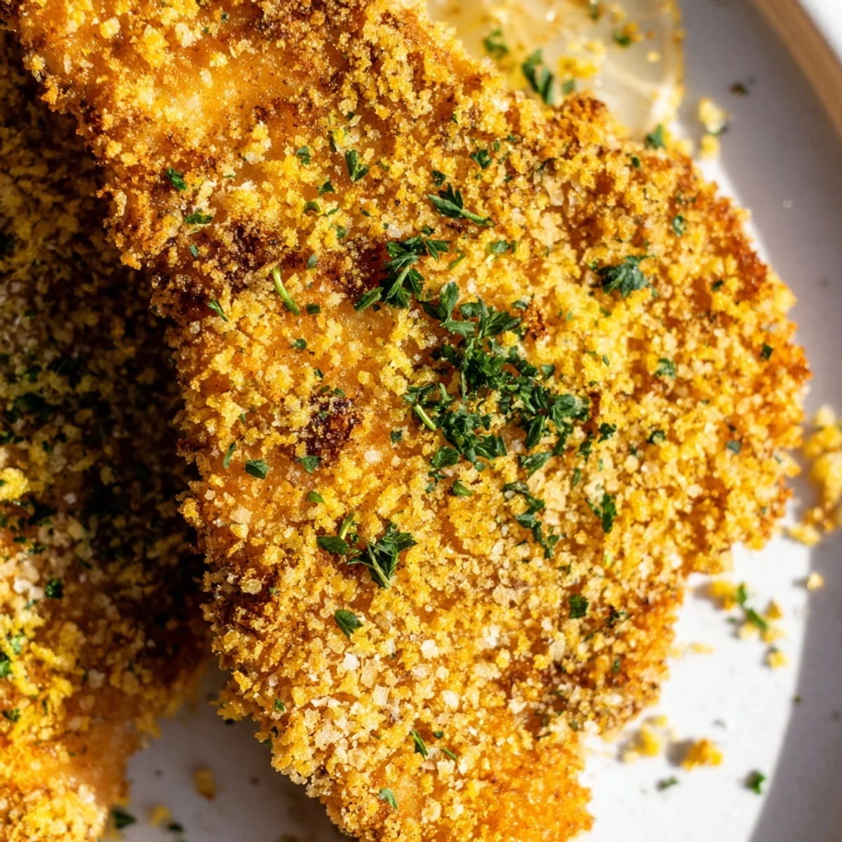 Golden crunch lemon chicken with crispy panko coating and fresh lemon wedges on white plate