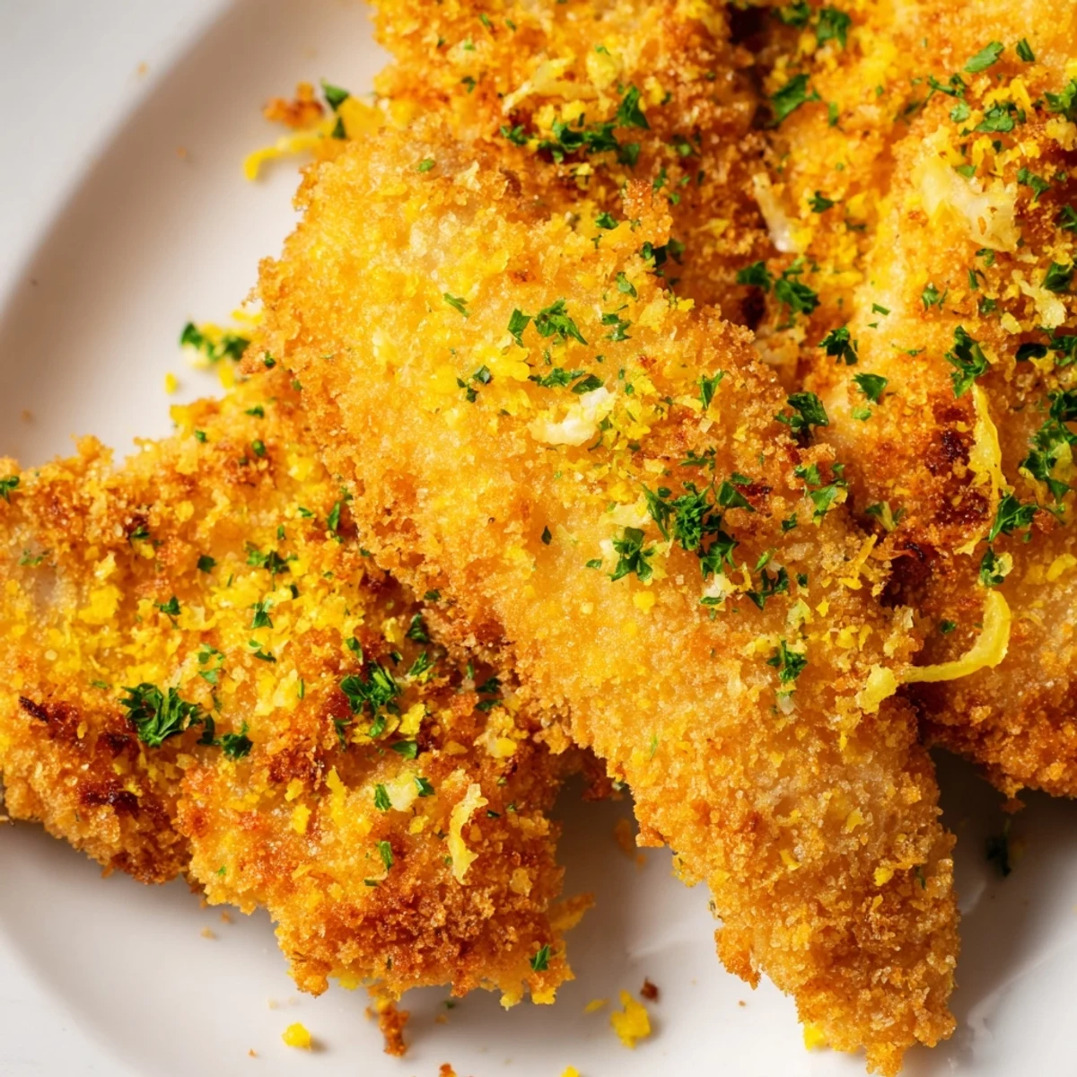 Oven-baked lemon chicken pieces with golden crunchy crust and zesty lemon wedge garnish