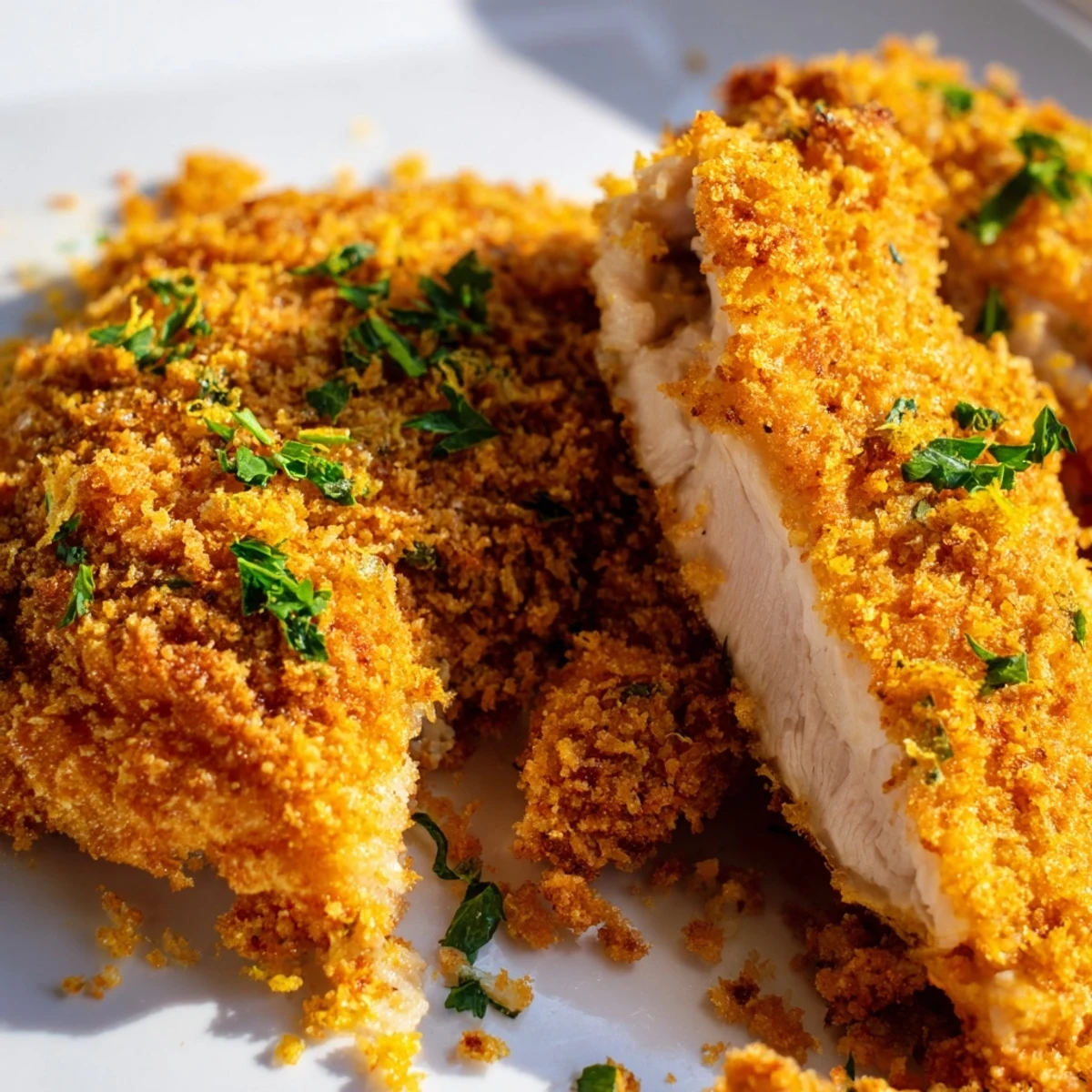 Crispy fried lemon chicken breast garnished with parsley and served with fresh lemon slices