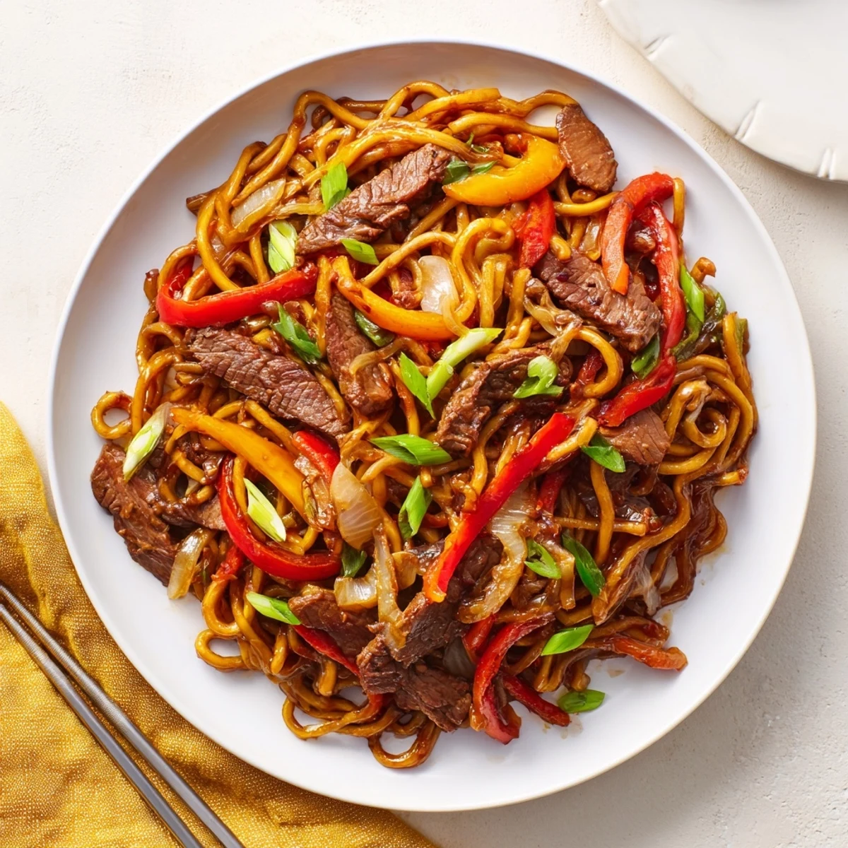 Plate of beef chow mein with peppers and onions tossed in savory glossy sauce
