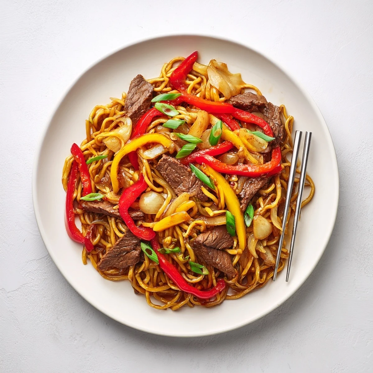 Steaming bowl of beef chow mein noodles topped with colorful sliced peppers and onions